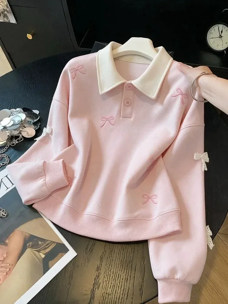 CHICMORE Atasan sweatshirt dengan lengan panjang bermotif pita cantik gaya baru untuk wanita