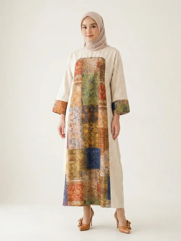 ASAYA Gaun lengan panjang wanita dengan cetakan patchwork retro, tekstur mewah