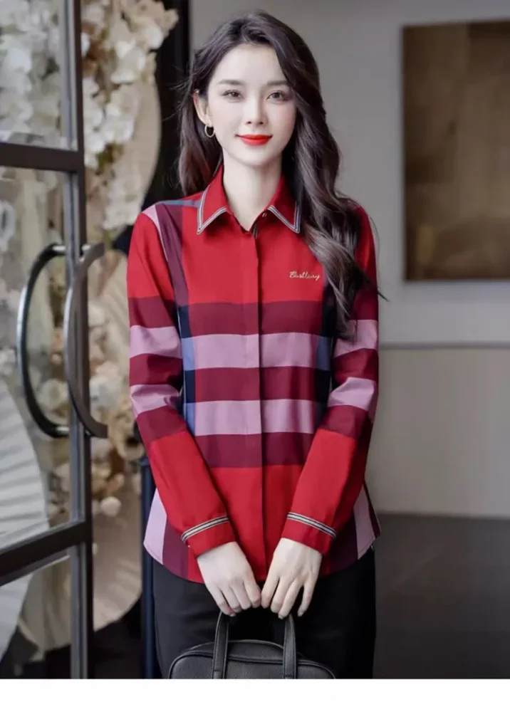 FADFAD Atasan kemeja kerah polo motif kotak warna kontras gaya retro