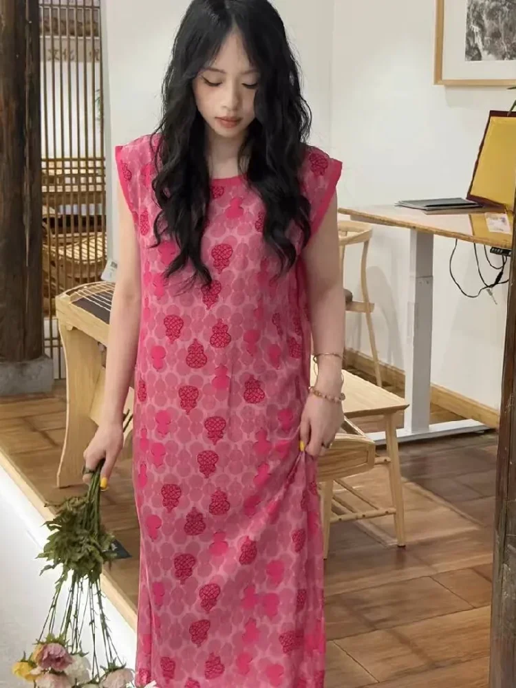 ASAYA Dress wanita tanpa lengan dengan motif cetak gaya minimalis kekinan
