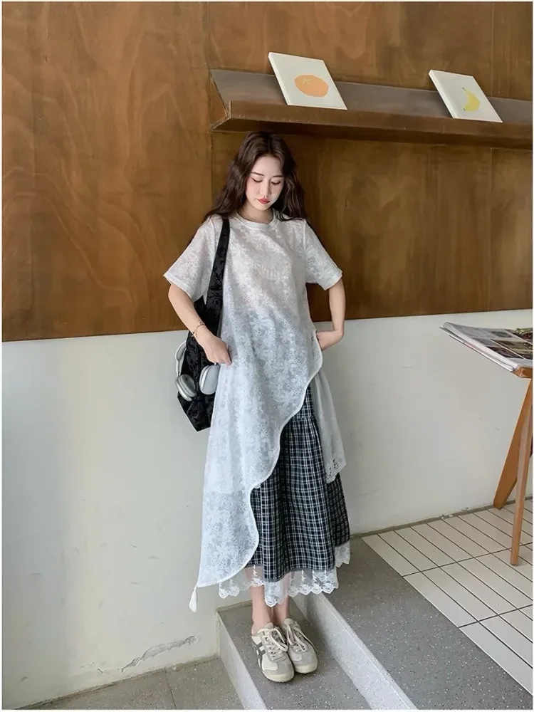 CHICMORE Setelan dua potong baju lengan panjang dan rok kotak-kotak bergaya cantik