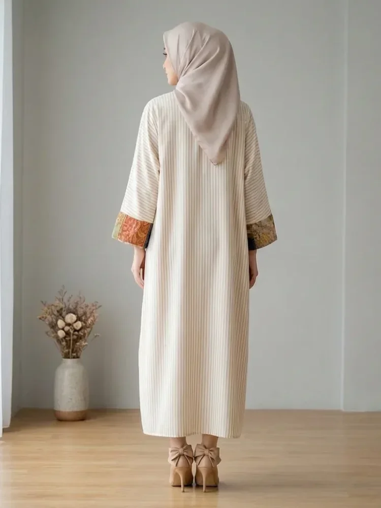 ASAYA Gaun lengan panjang wanita dengan cetakan patchwork retro, tekstur mewah