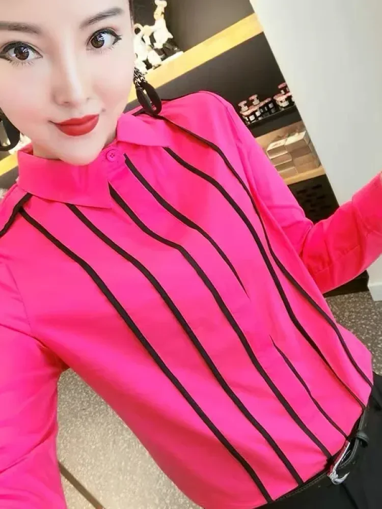 FADFAD Atasan kemeja wanita motif garis lengan panjang elastis modis