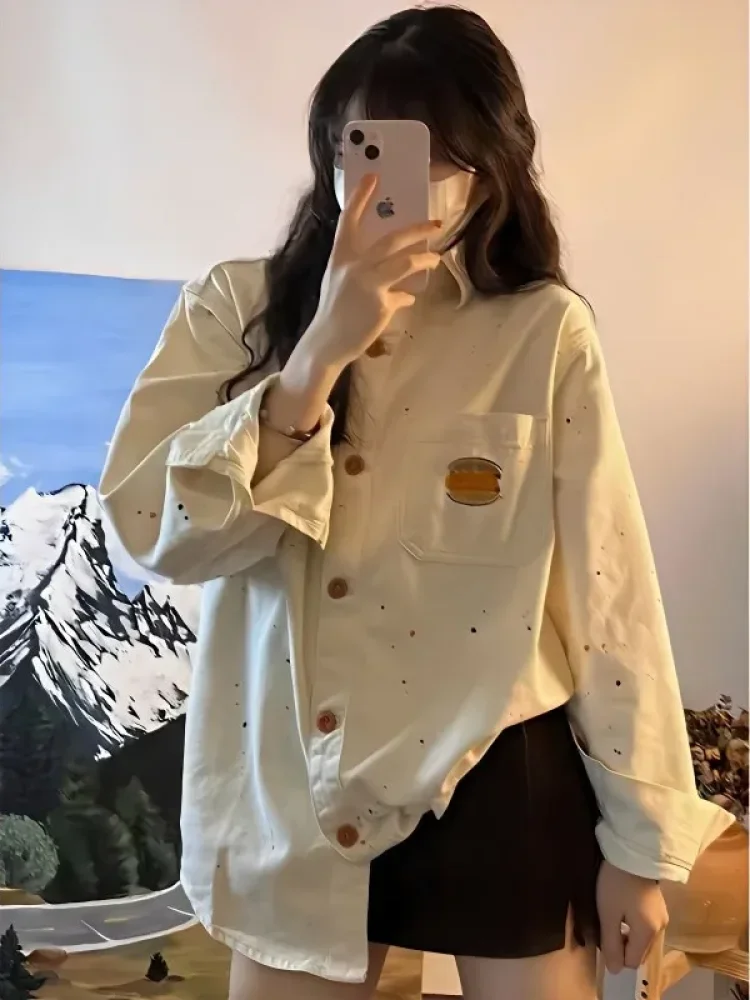 CHICMORE Kemeja motif cetak baru dengan lengan panjang dan variasi saku unik gaya trendi