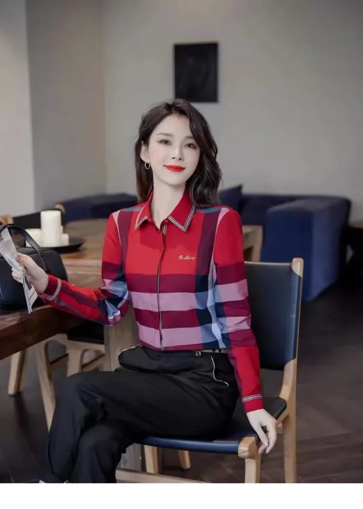FADFAD Atasan kemeja kerah polo motif kotak warna kontras gaya retro