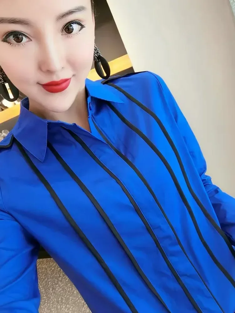FADFAD Atasan kemeja wanita motif garis lengan panjang elastis modis