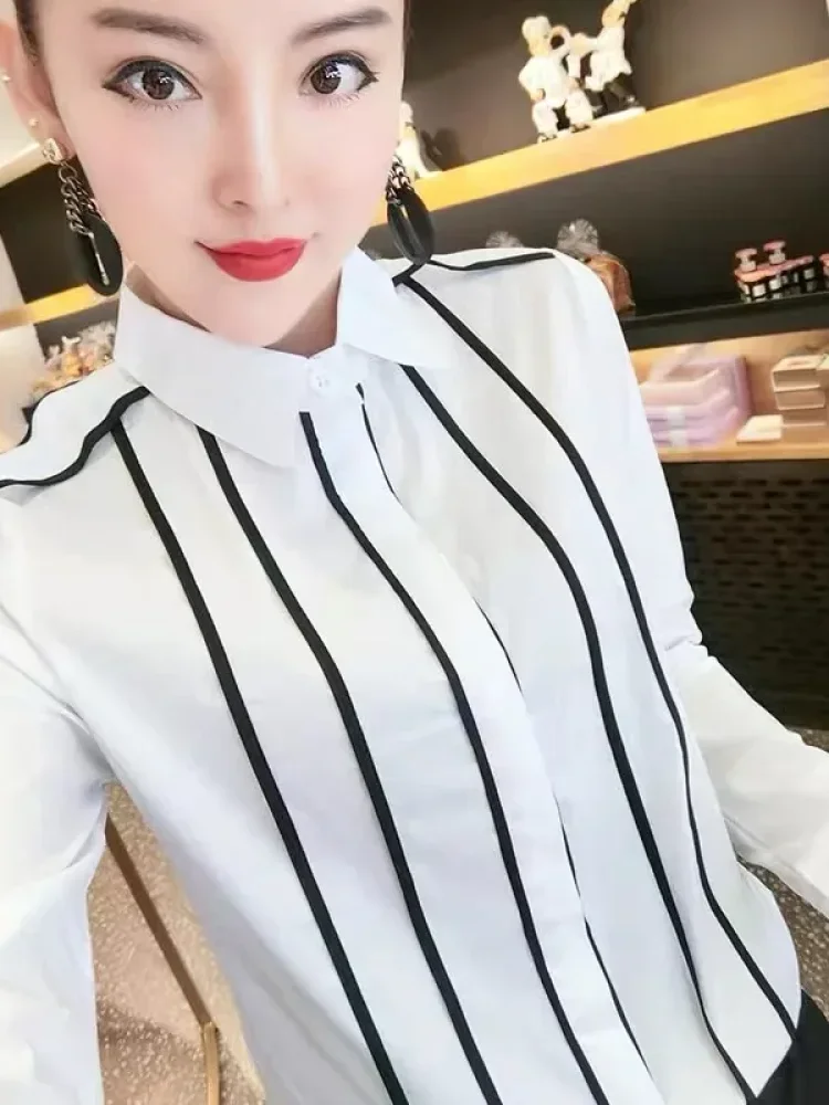 FADFAD Atasan kemeja wanita motif garis lengan panjang elastis modis