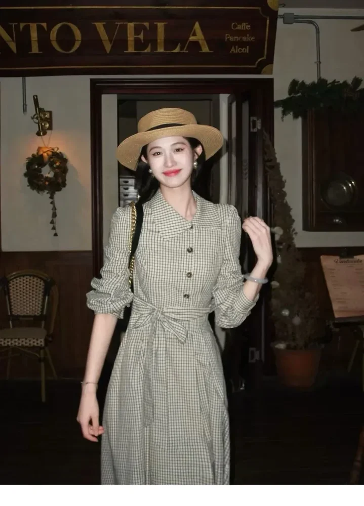 CHICMORE Gaun panjang motif retro vintage untuk wanita tali ikat di pinggang