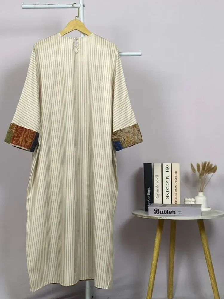 ASAYA Gaun lengan panjang wanita dengan cetakan patchwork retro, tekstur mewah