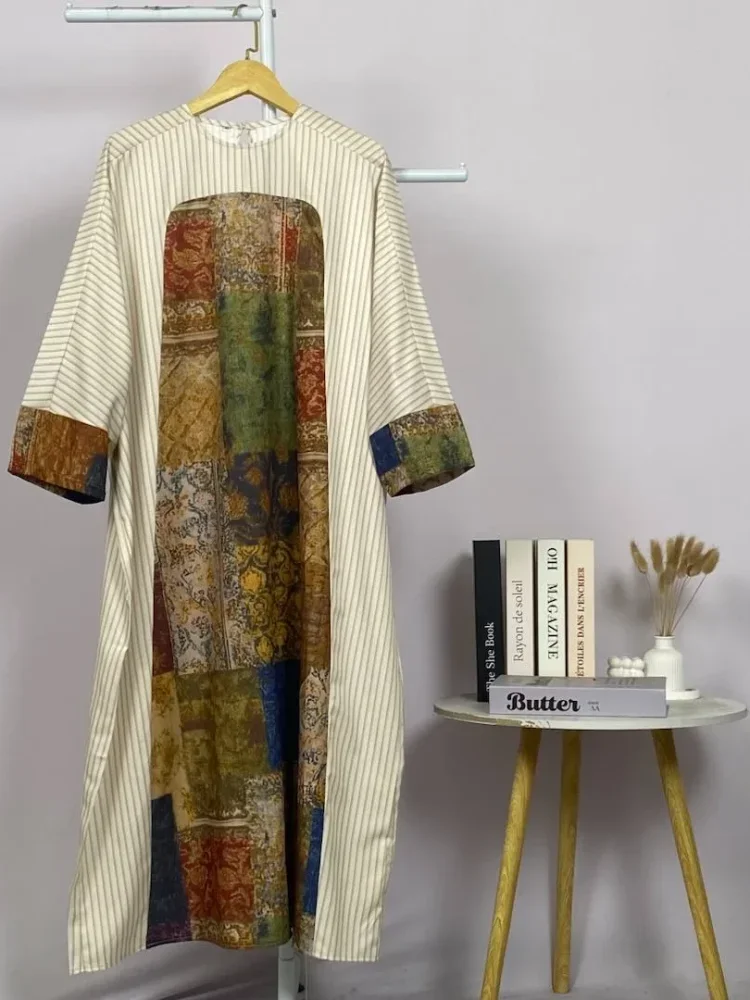 ASAYA Gaun lengan panjang wanita dengan cetakan patchwork retro, tekstur mewah