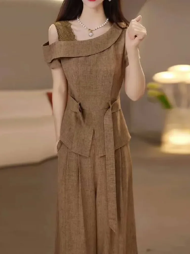 FADFAD Setelan wanita dua potong atasan lengan pendek model one shoulder dan celana panjang kasual warna solid