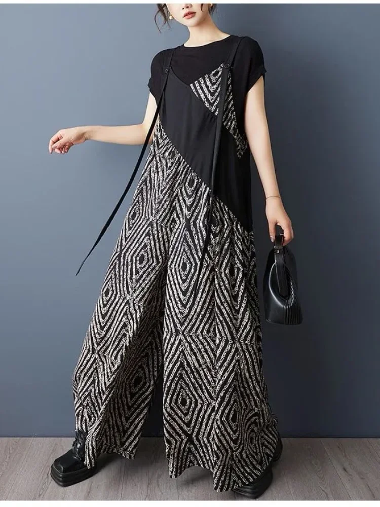 ASAYA Jumpsuit pakaian wanita motif cetak bergaya anggun mode trendi