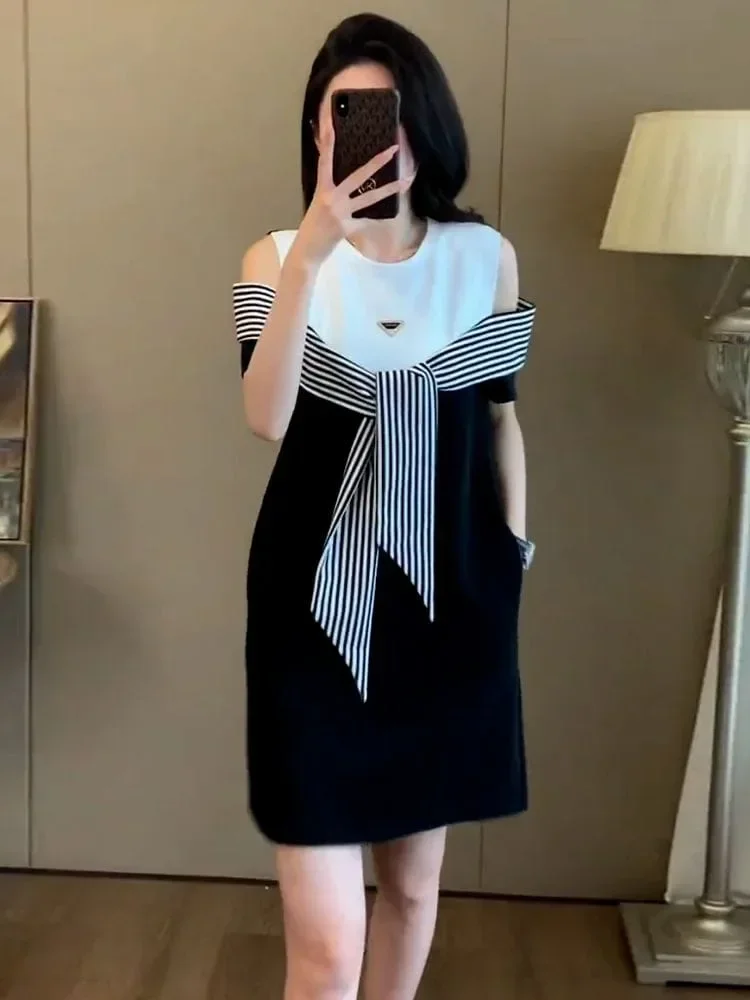 FADFAD Gaun midi gaya off shoulder dan tali pita manis