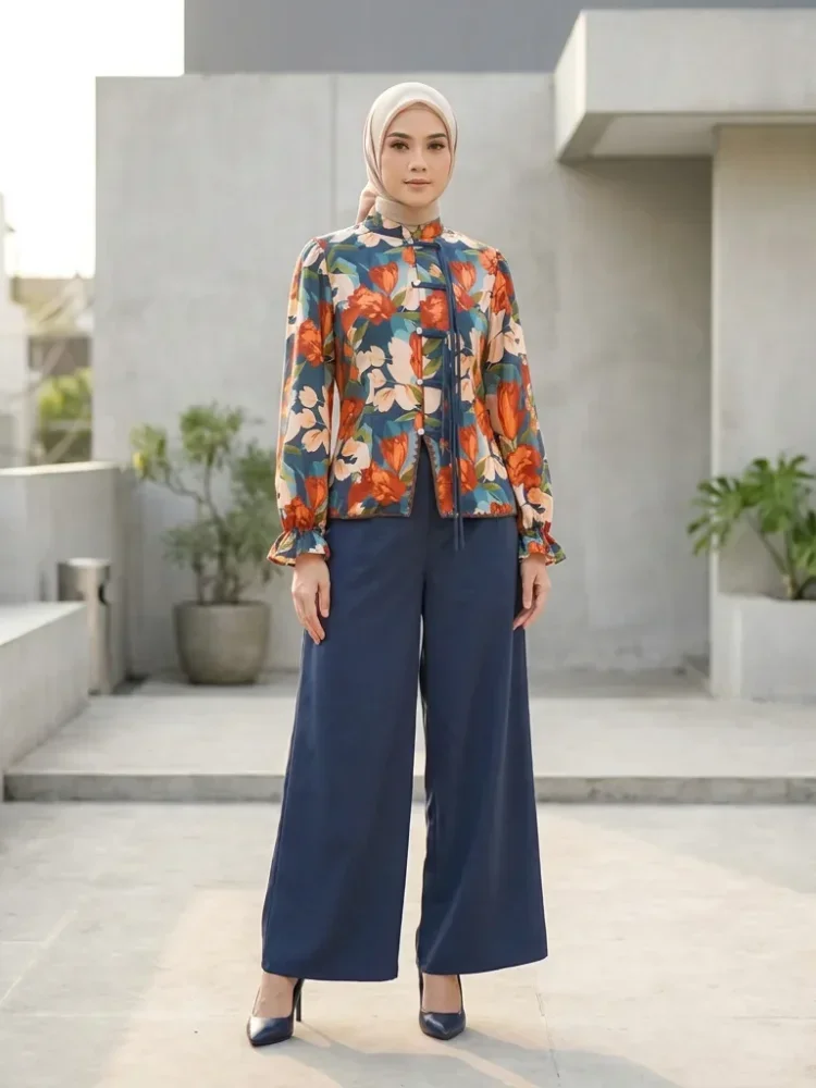 ASAYA Setelan wanita dengan lengan bell dan resleting buatan tangan bergaya minimalis warna solid
