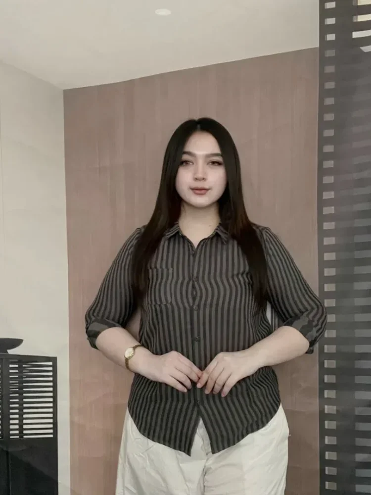 FADFAD Kemeja bergaya retro kasual bergaris lengan panjang