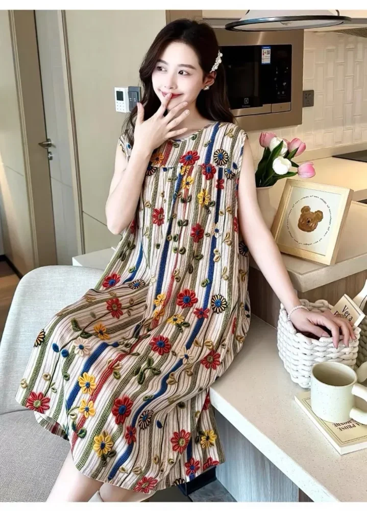 ASAYA Gaun midi motif bunga cantik tanpa lengan wanita muda gaya baru