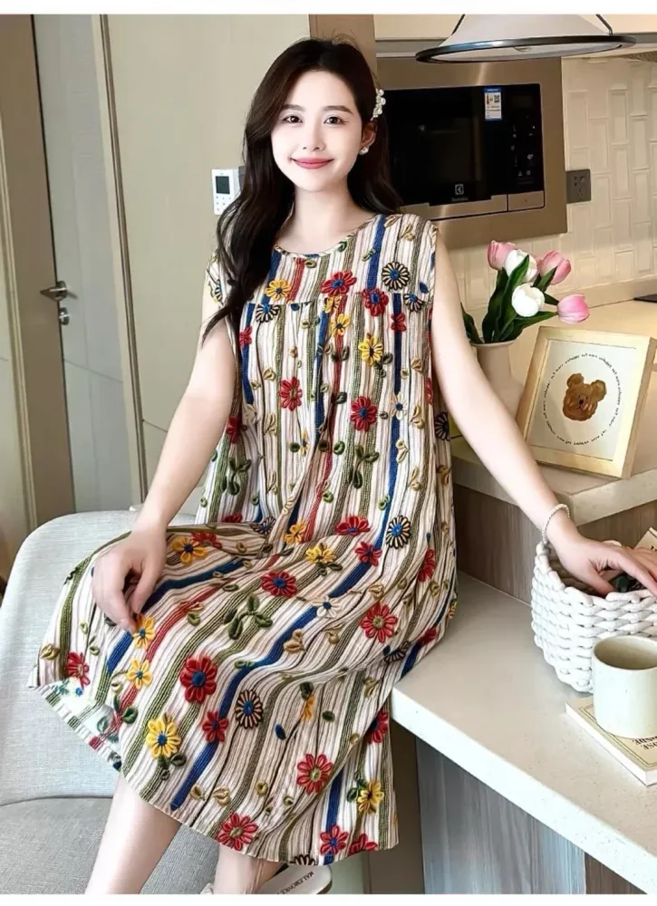 ASAYA Gaun midi motif bunga cantik tanpa lengan wanita muda gaya baru