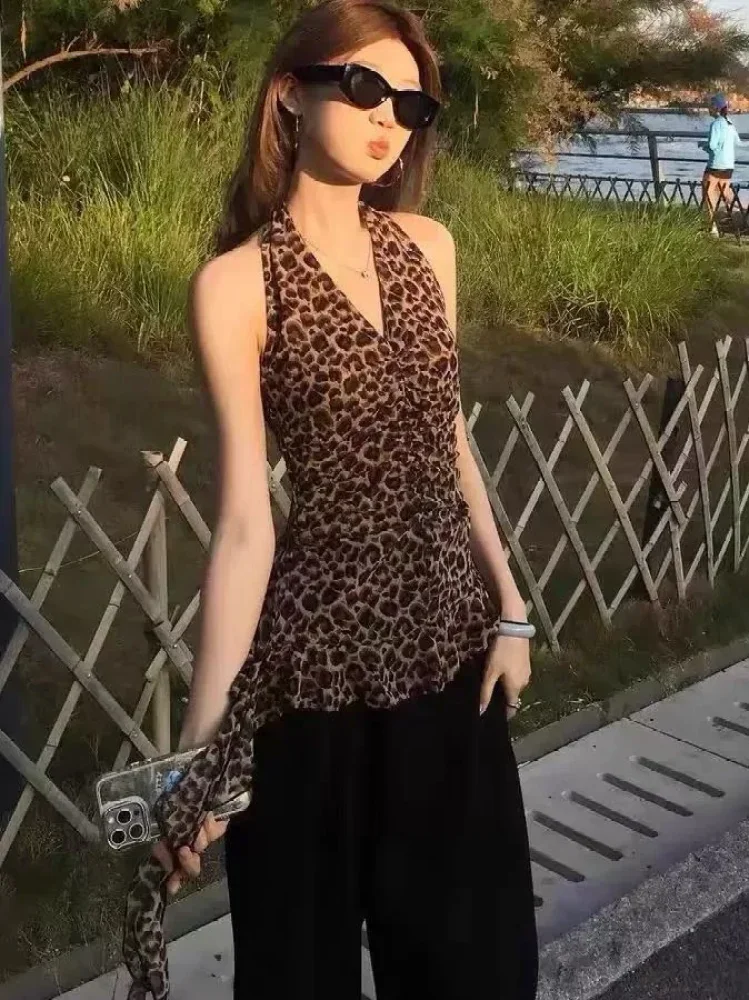 ASAYA Atasan tanpa lengan dengan kerah v manis motif leopard bergaya trendi