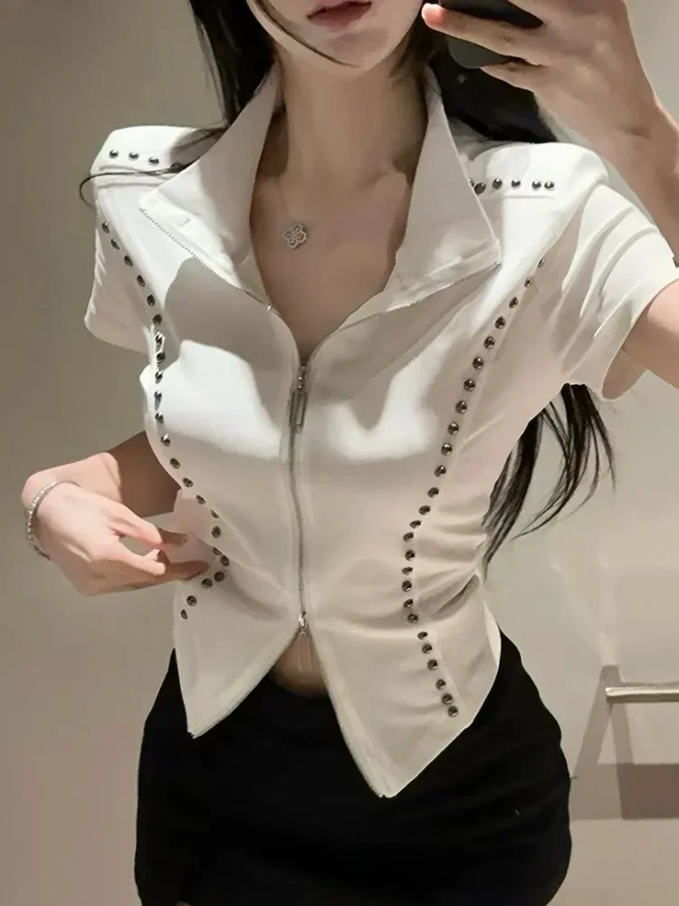 FADFAD Kaos lengan pendek wanita kerah chic berkerah tegak dengan zipper kasual