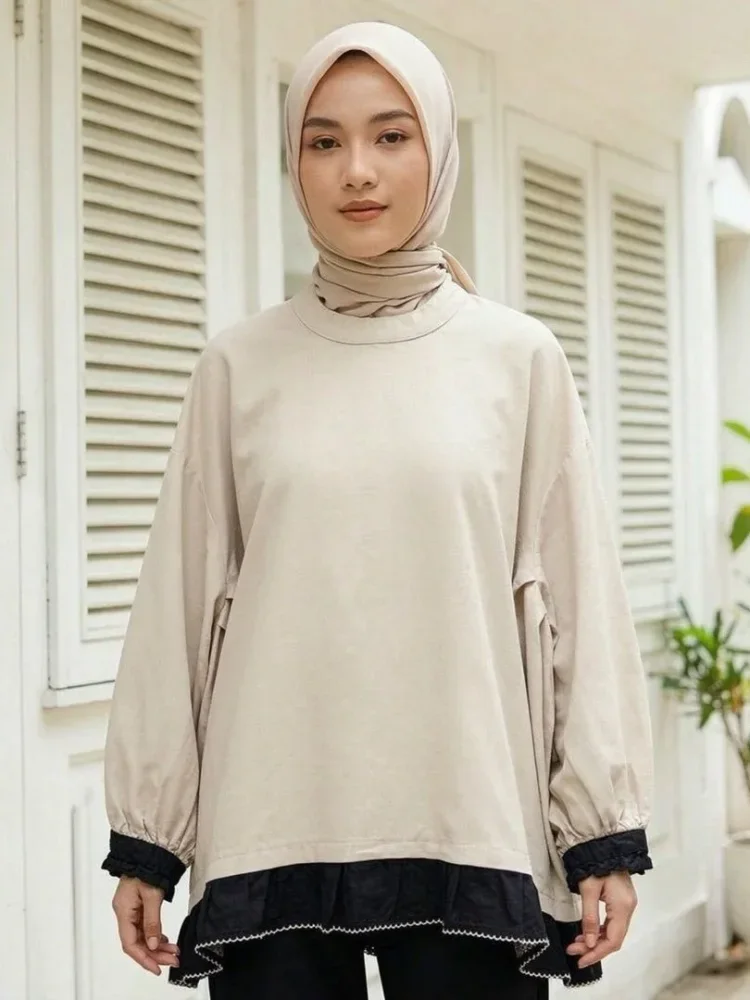 CHICMORE Atasan wanita feminime warna blok berlengan panjang kekinian