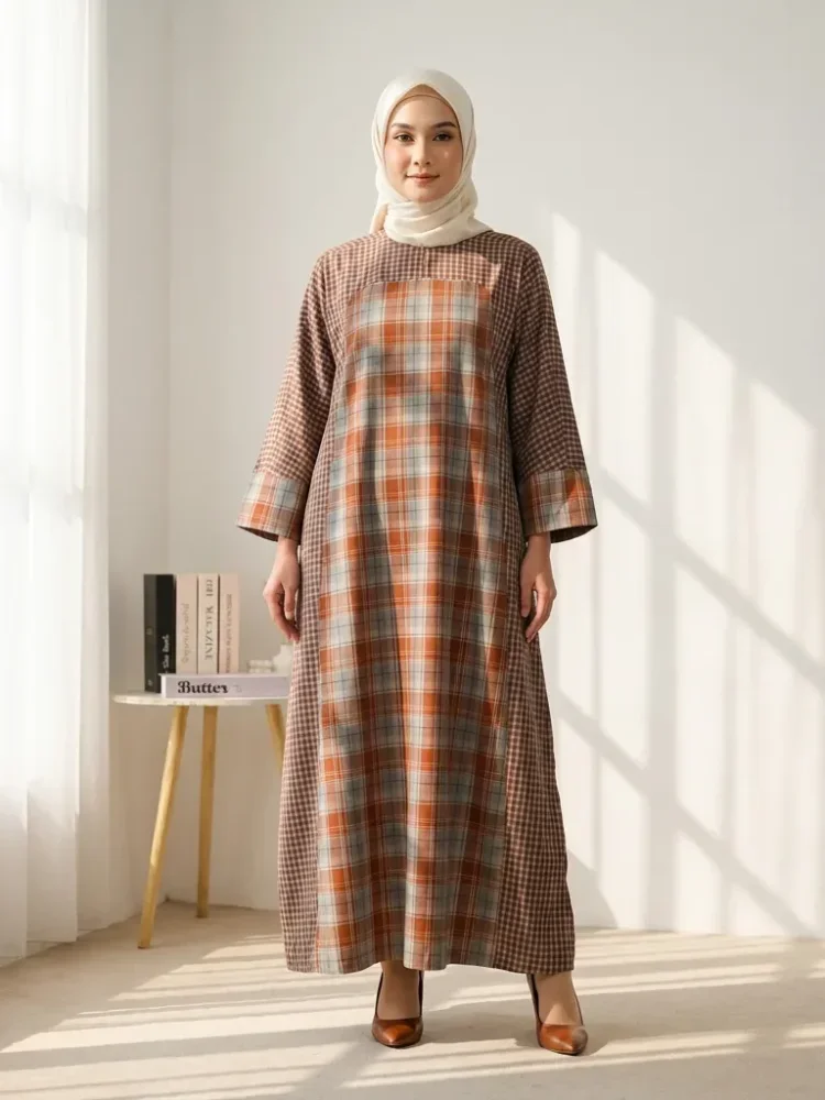 ASAYA Gaun panjang santai dan elegan untuk wanita dengan manset patchwork kotak-kotak dan desain warna kontras