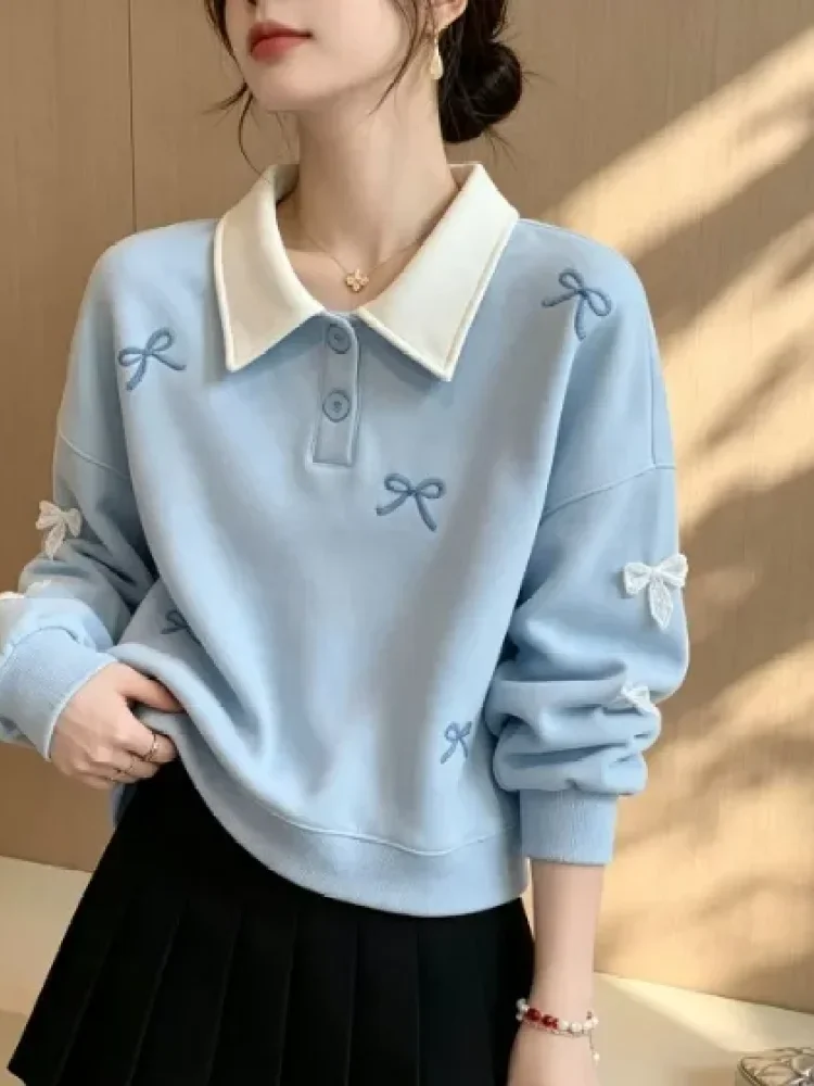 CHICMORE Atasan sweatshirt dengan lengan panjang bermotif pita cantik gaya baru untuk wanita