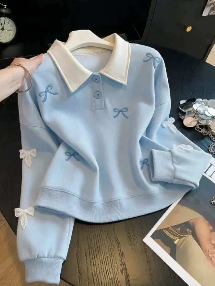 CHICMORE Atasan sweatshirt dengan lengan panjang bermotif pita cantik gaya baru untuk wanita