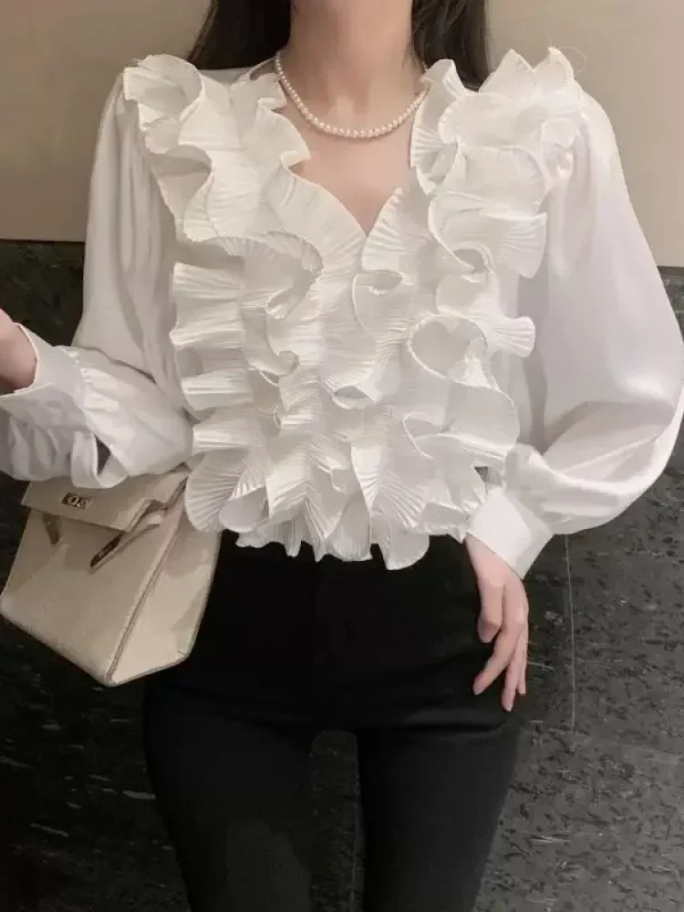 FADFAD Blose wanita elegan lengan panjang kerah v-neck french style