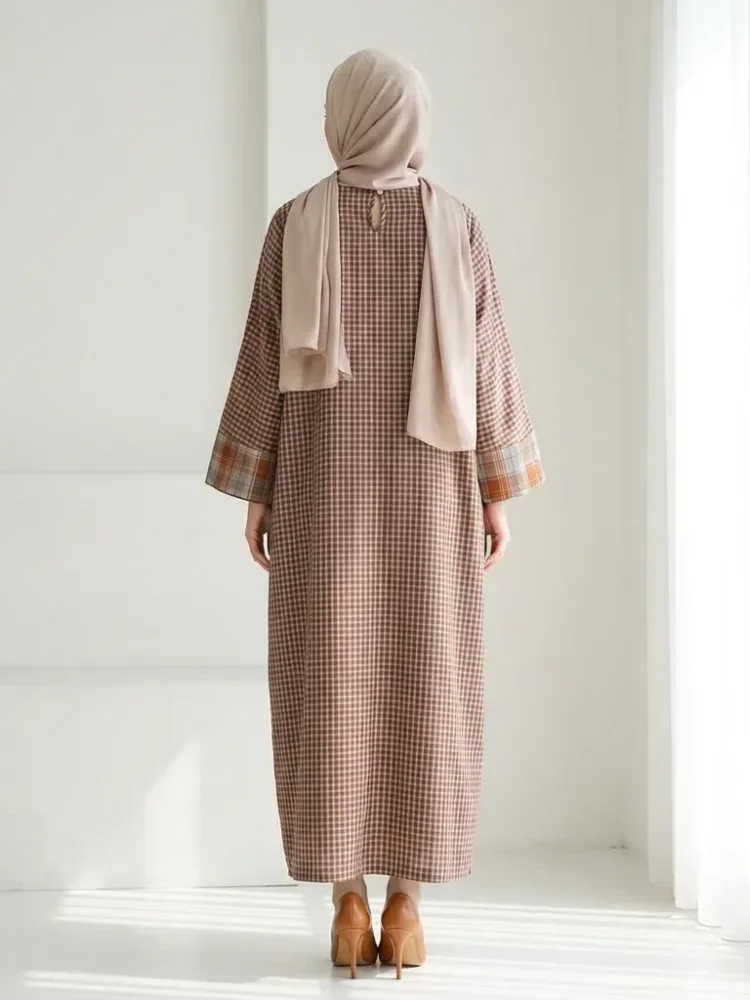 ASAYA Gaun panjang santai dan elegan untuk wanita dengan manset patchwork kotak-kotak dan desain warna kontras