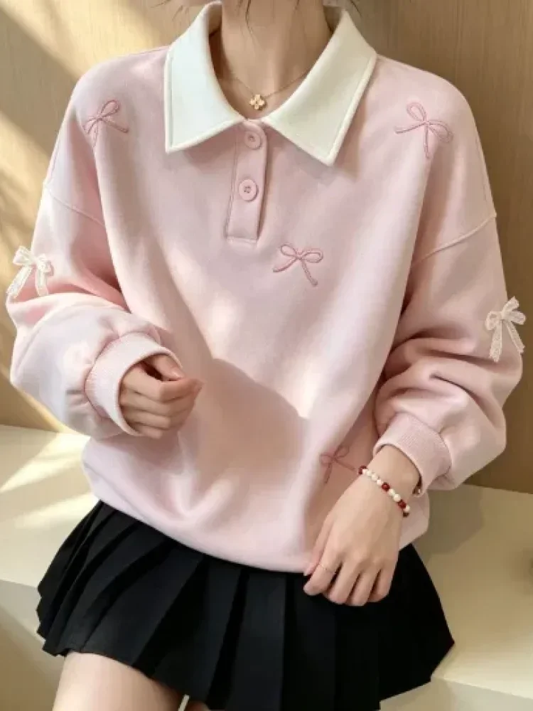CHICMORE Atasan sweatshirt dengan lengan panjang bermotif pita cantik gaya baru untuk wanita