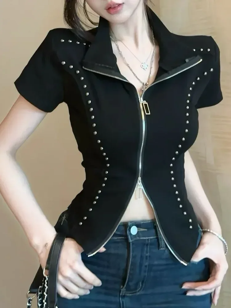 FADFAD Kaos lengan pendek wanita kerah chic berkerah tegak dengan zipper kasual