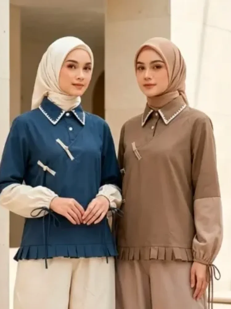 ASAYA Blouse muslimah kerah kemeja rumbai | atasan hijab lengan panjang trendy & nyaman