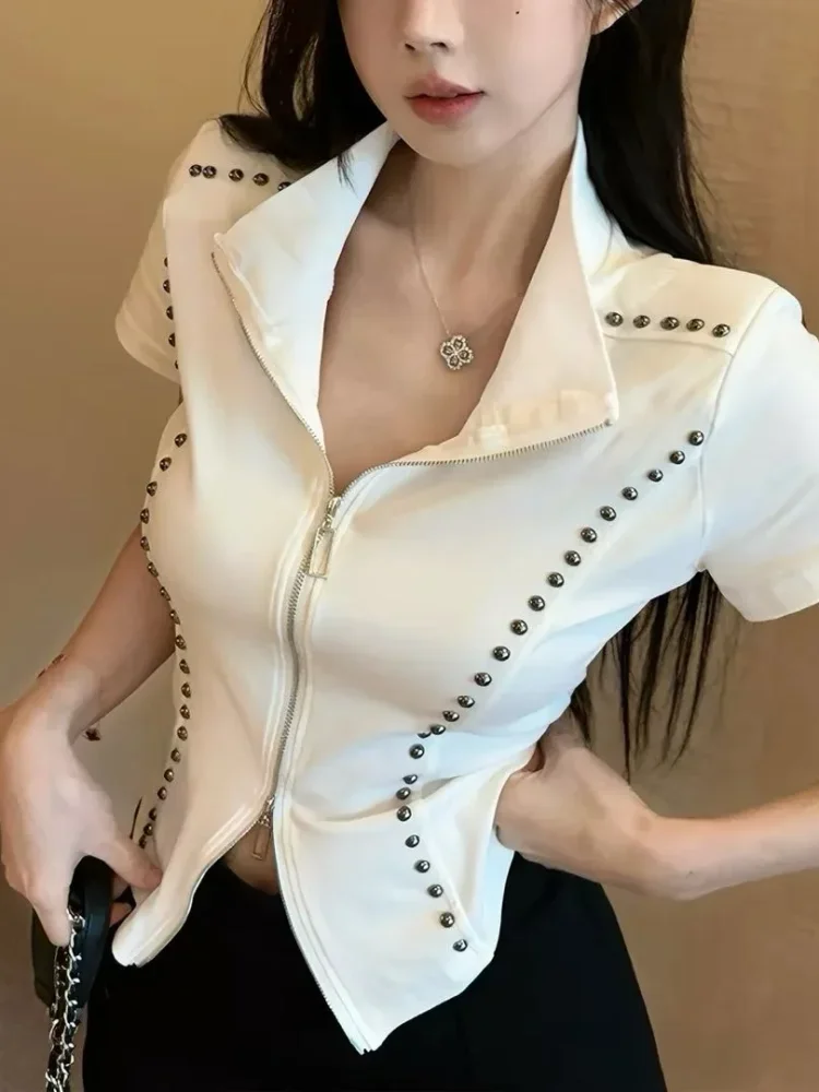 FADFAD Kaos lengan pendek wanita kerah chic berkerah tegak dengan zipper kasual