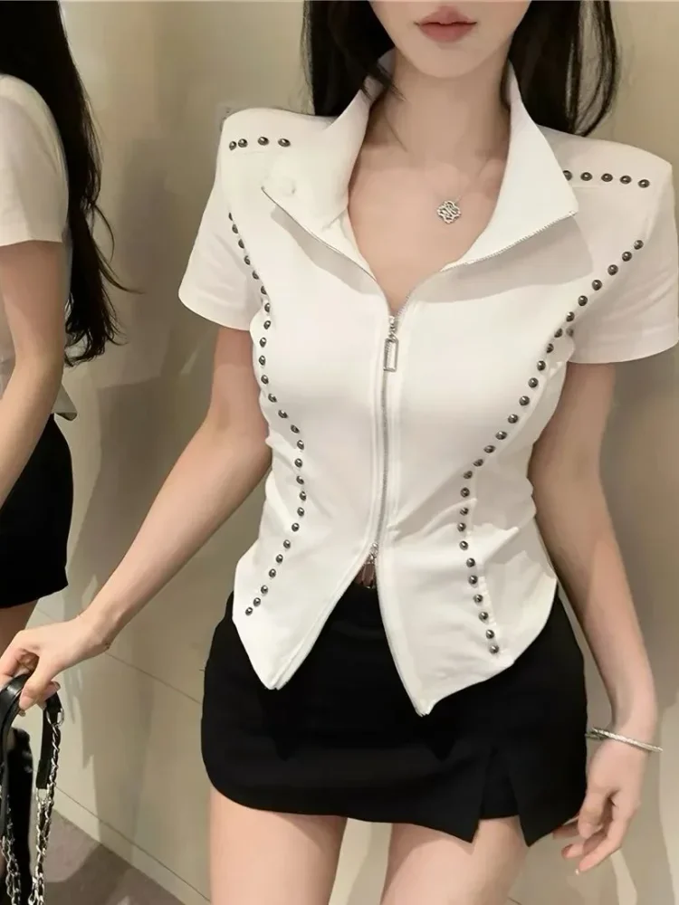 FADFAD Kaos lengan pendek wanita kerah chic berkerah tegak dengan zipper kasual