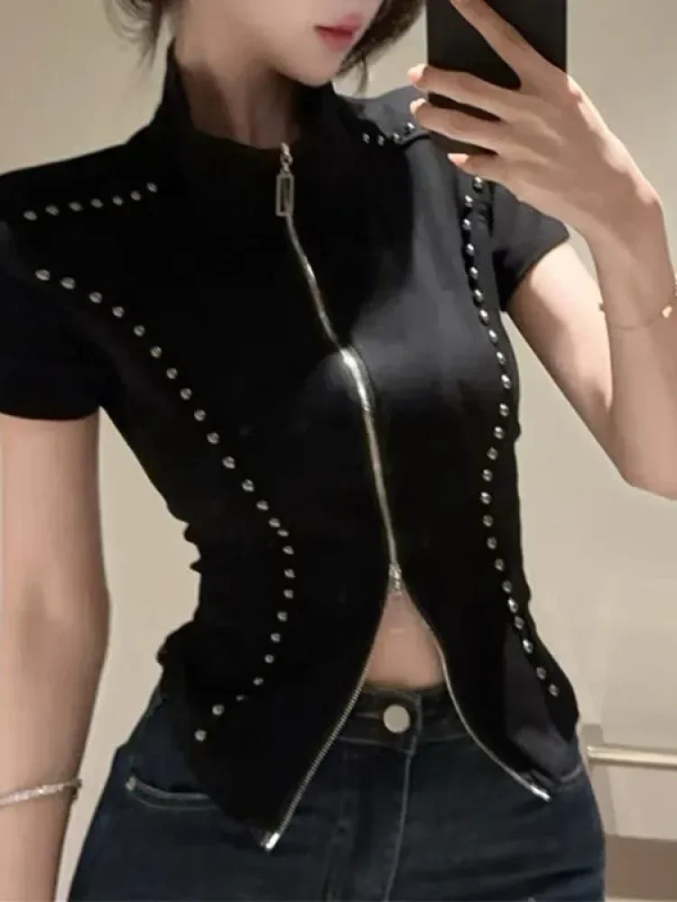 FADFAD Kaos lengan pendek wanita kerah chic berkerah tegak dengan zipper kasual