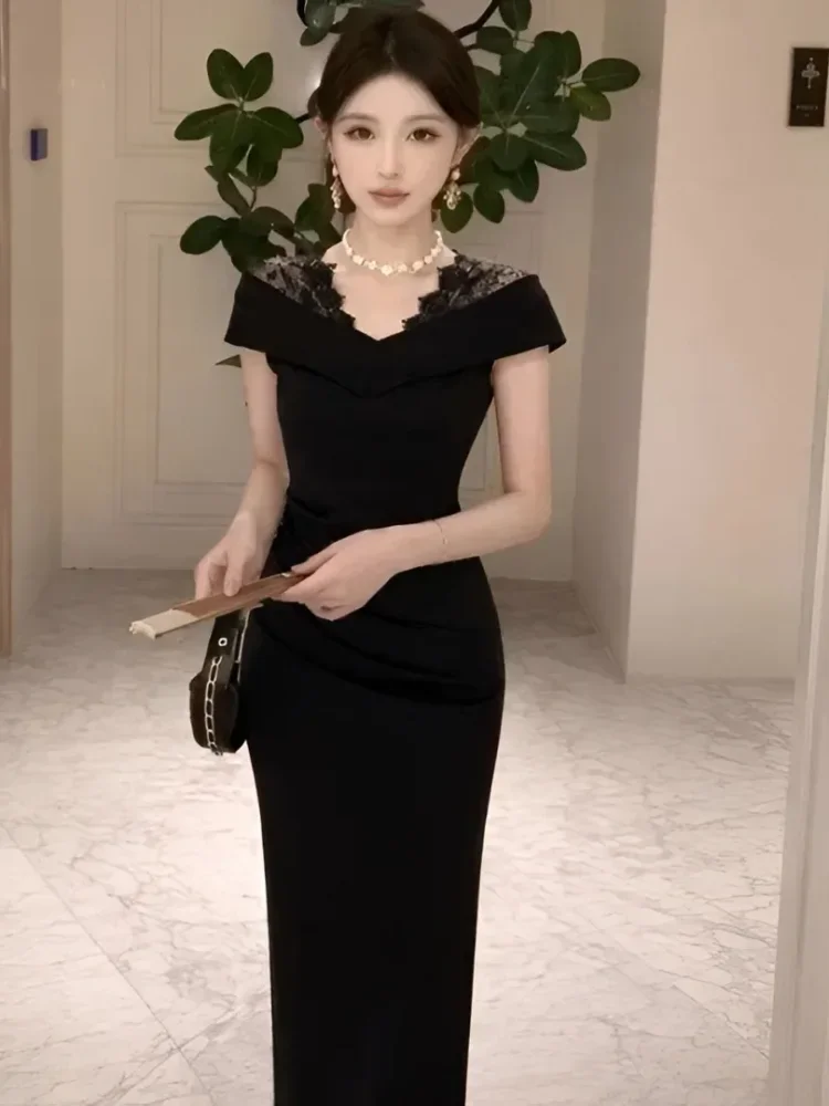 FADFAD Gaun maxi lengan pendek kerah v neck warna solid model fitted