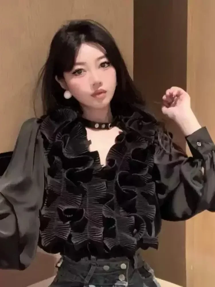 FADFAD Blose wanita elegan lengan panjang kerah v-neck french style