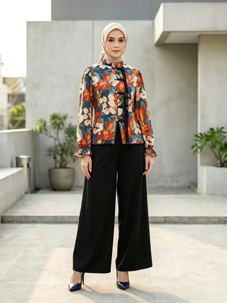 ASAYA Setelan wanita dengan lengan bell dan resleting buatan tangan bergaya minimalis warna solid