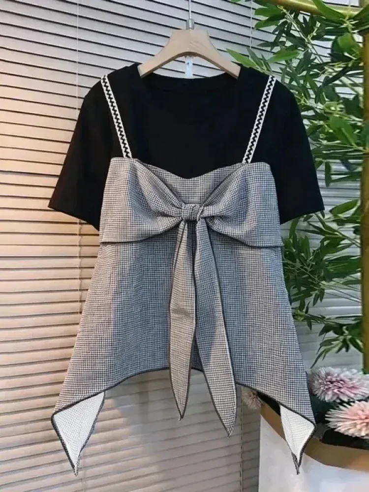 ASAYA Atasan t-shirt lengan pendek dengan kerah bulat bergaya kasual, lembut, tipis, dan bermotif