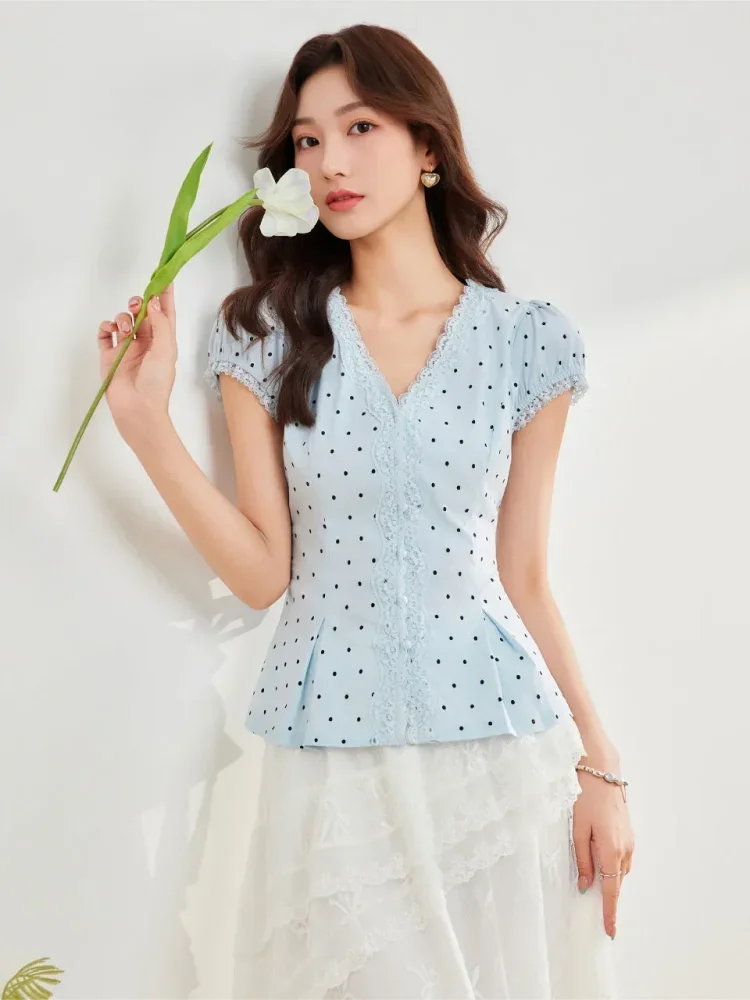 CHICMORE Blouse motif polkadot dengan kerah v manis dan lengan pendek gaya trendi