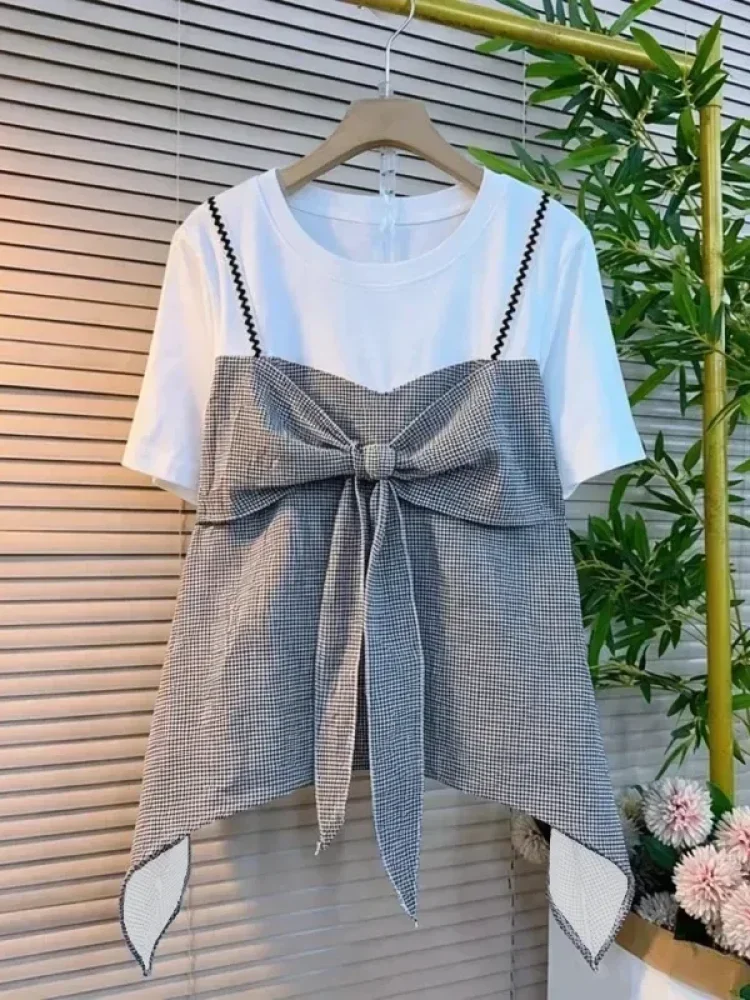 ASAYA Atasan t-shirt lengan pendek dengan kerah bulat bergaya kasual, lembut, tipis, dan bermotif