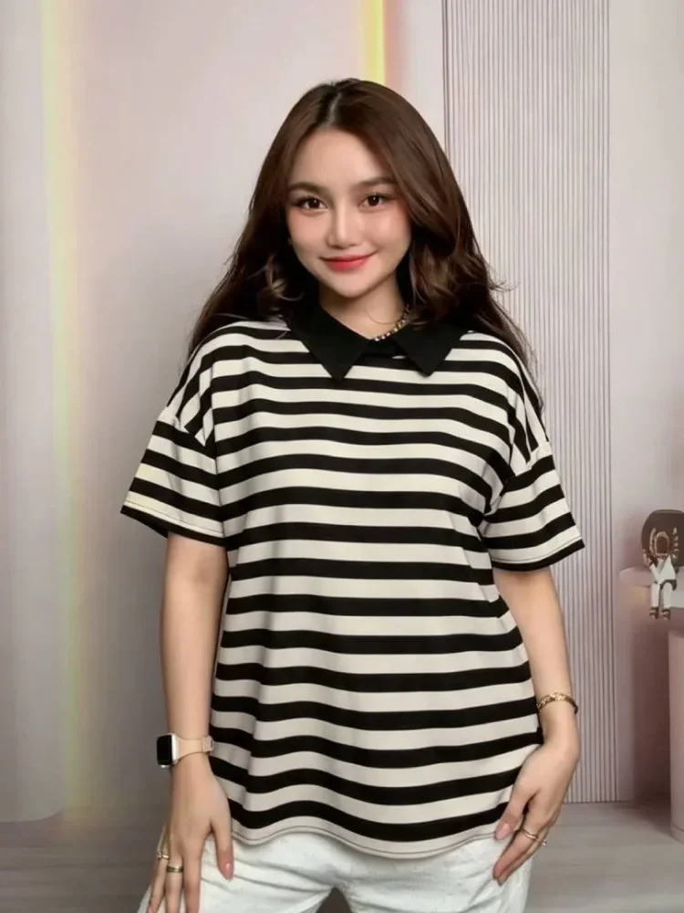 ASAYA Atasan kaus wanita kerah polo dengan motif garis-garis besar