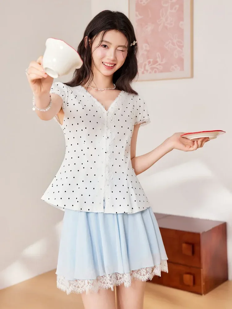 CHICMORE Blouse motif polkadot dengan kerah v manis dan lengan pendek gaya trendi