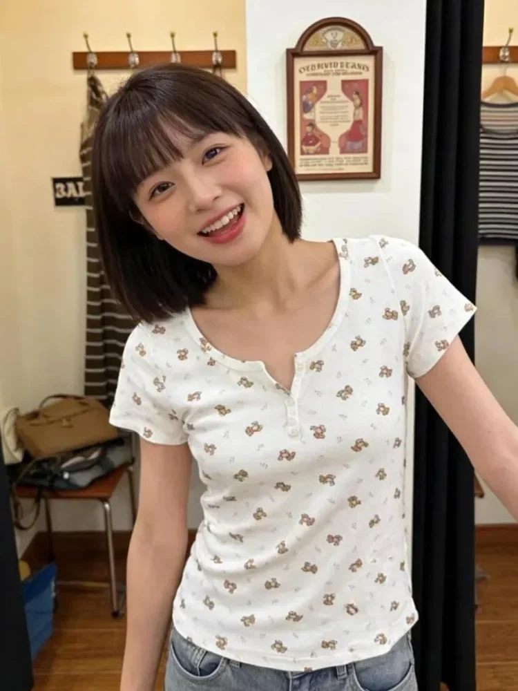 ASAYA Atasan wanita blouse lengan pendek motif lucu gaya korea