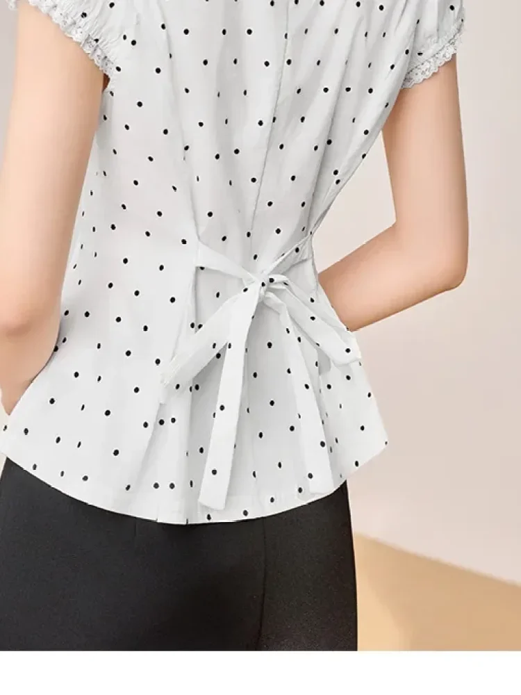 CHICMORE Blouse motif polkadot dengan kerah v manis dan lengan pendek gaya trendi