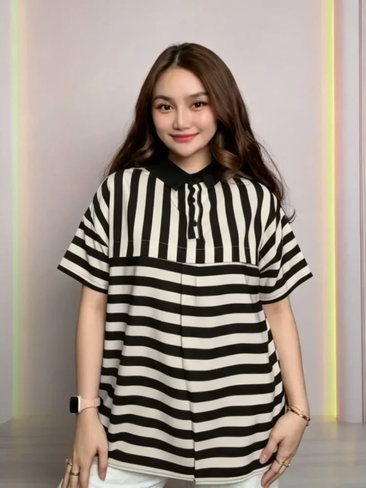 ASAYA Atasan kaus wanita kerah polo dengan motif garis-garis besar
