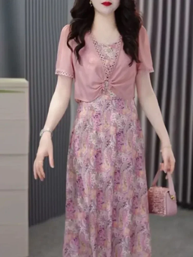 FADFAD Gaun lengan pendek wanita motif merah muda layering elegan