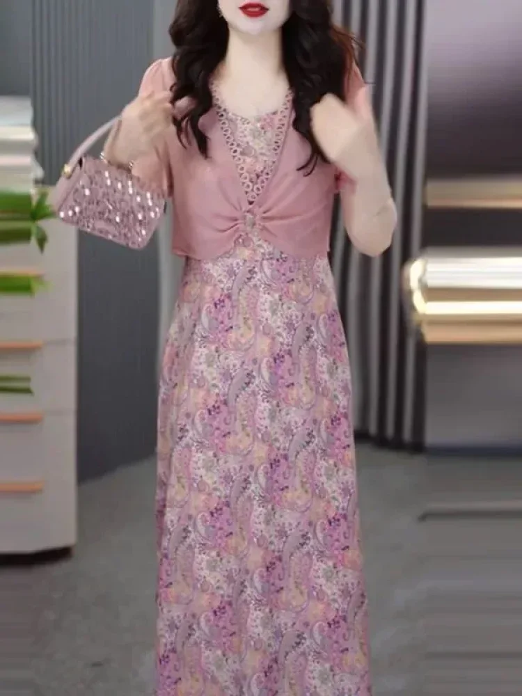 FADFAD Gaun lengan pendek wanita motif merah muda layering elegan