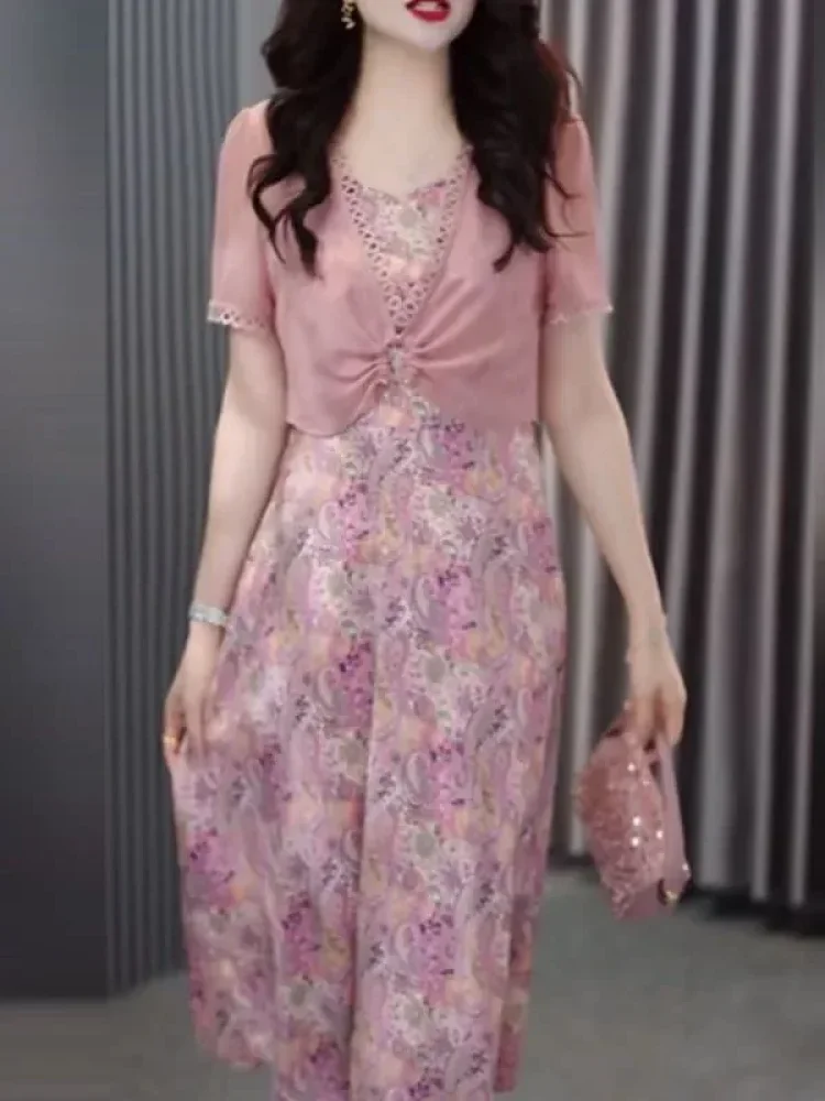 FADFAD Gaun lengan pendek wanita motif merah muda layering elegan
