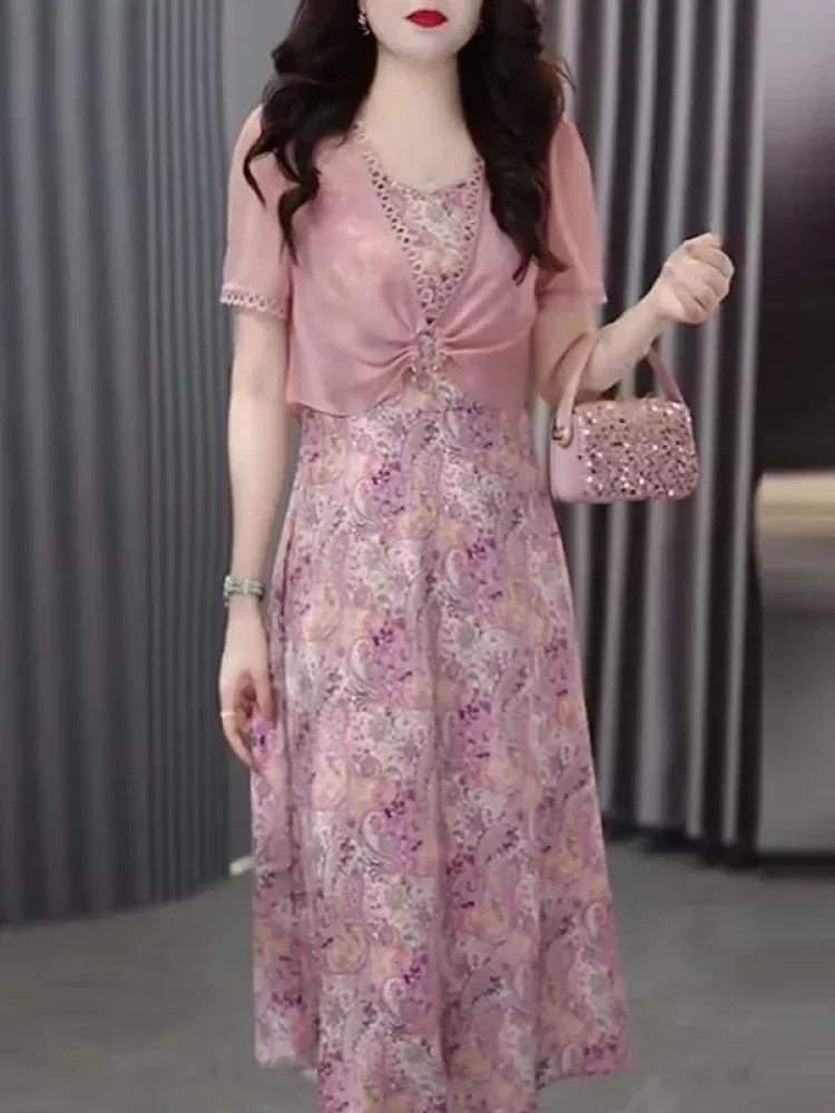 FADFAD Gaun lengan pendek wanita motif merah muda layering elegan